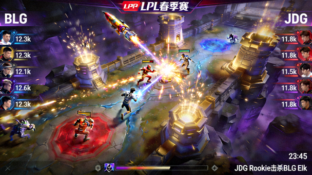 LOL英雄联盟LPL春季赛BLG对战JDG的峡谷团战直播画面